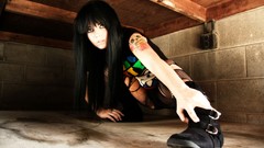 Woman emo tattoos black hair fishnet stockings fishnet lingerie 