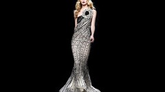 Woman evening dress black background grey fashion photography