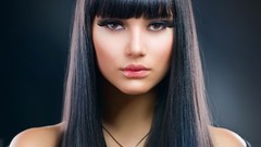 Woman eyelashes lips faces long hair bangs black hair Photo 