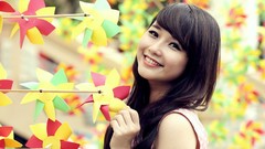 Woman faces asians smiling brunettes bangs teen pinwheels