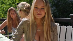 Woman faces blondes green eyes cleavage