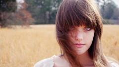 Woman faces blue eyes brunettes bangs