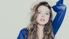 Woman faces blue eyes brunettes Simple Background