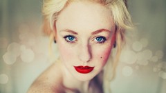 Woman faces bokeh blondes blue eyes models red lipstick