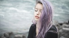 Woman faces closed eyes purple hair colored hair Victoria Lae