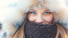 Woman faces coat scarfs blue eyes