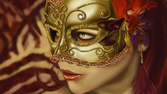 Woman faces fans masks green eyes artwork fantasy art photoshop 