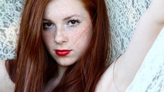 Woman faces freckles red lipstick redheads pale skin polka
