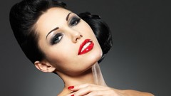 Woman faces green eyes brunettes models black hair red lipstick