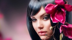 Woman faces long hair black hair flower in hair