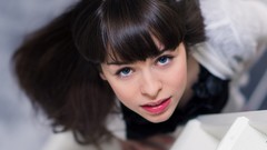 Woman faces long hair blue eyes brunettes bangs models looking 