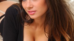 Woman faces long hair brown eyes indoors brunettes cleavage 