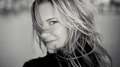 Woman faces monochrome blondes smiling looking back