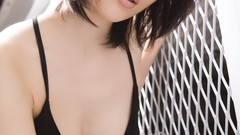 Woman faces outdoors asians brunettes models black dress boobs 