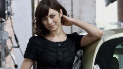 Woman faces outdoors long hair brunettes models black dress 