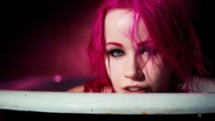 Woman faces pink hair bathtubs