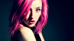 Woman faces pink hair blue eyes green eyes short hair pink 
