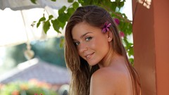 Woman faces smiling brunettes flower in hair Lily C