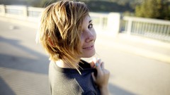 Woman faces smiling short hair freckles
