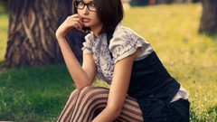 Woman faces stockings brunettes models striped legwear