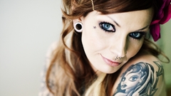 Woman faces tattoos blue eyes brunettes