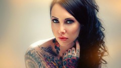 Woman faces tattoos blue eyes brunettes