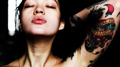 Woman faces tattoos closed eyes brunettes
