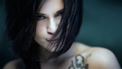 Woman faces tattoos models black hair Simple Background