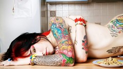 Woman faces tattoos multicolor piercings models black hair 