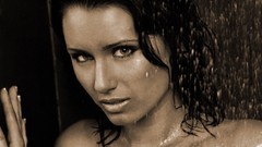 Woman faces wet brunettes