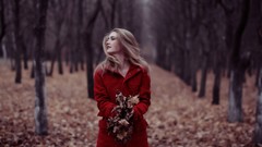 Woman fallen leaves girls in nature