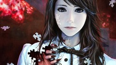 Woman fangs guy blue eyes brunettes jigsaw