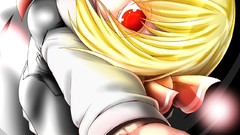 Woman fangs red eyes blondes skirts smiling short hair touhou 