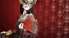 Woman fans masks brunettes Venetian masks