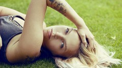 Woman fashion blondes tattoos blue eyes piercings fashion model 