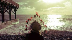 Woman feathers hats amateurs sea shorelines