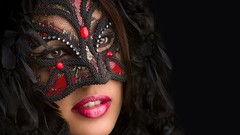 Woman feathers masks brown eyes red lipstick Venetian masks