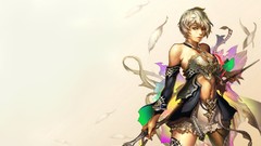 Woman feathers white background armor staff short hair artwork 