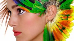 Woman feathers white background Keira Knightley faces fashion 