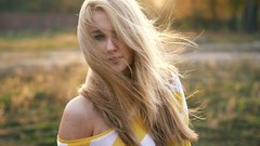 Woman fields blondes long hair blue eyes bare shoulders striped 