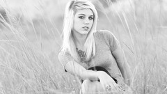 Woman fields outdoors blondes piercings grayscale