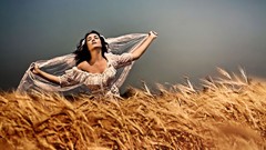 Woman fields outdoors brunettes white dress