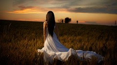 Woman fields outdoors brunettes white dress