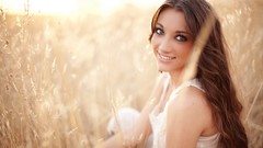 Woman fields sunlight brunettes white dress models