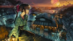 Woman fireworks kimono brunettes trains harbours