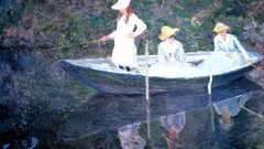 Woman fishing paintings hats impressionism reflections rivers 
