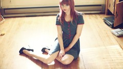 Woman floor legs models lying down redheads blue dress high 