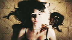 Woman floor long hair brown eyes brunettes cleavage teen