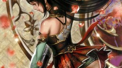 Woman flower petals black hair dynasty warriors artwork Guan 