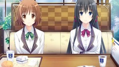 Woman food Anime sitting schoolgirls smiling anime girls blue 